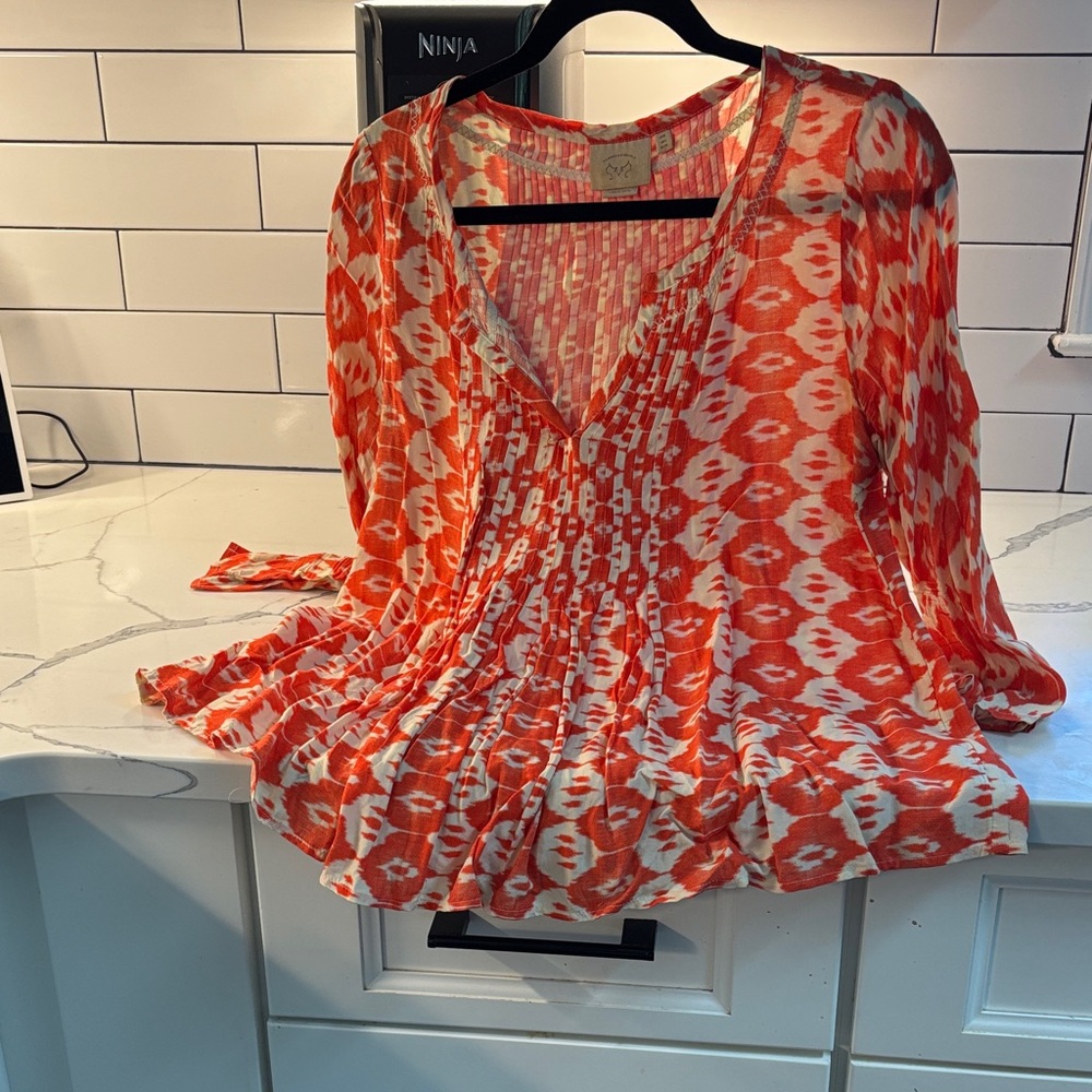 Anthropology Orange and White Patterned Blouse